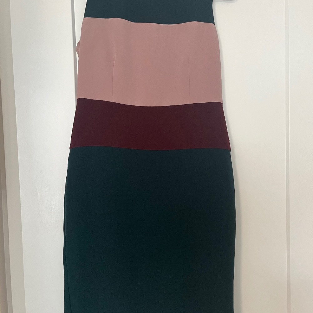 Green, burgundy, and pink sleeveless midi dress
